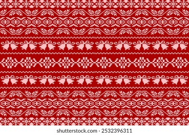 Christmas pattern pixel vector illustration.Cross Stitch Embroidery and Knitted Sweater Pattern Design.Design for wrapping, carpet, wallpaper, sweater, scarf, comforter or clothes, fabric printing.