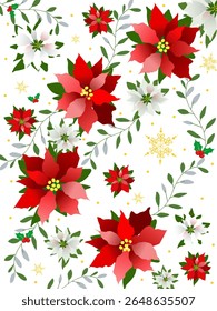 Christmas pattern with poinsettia, wreath, red berries branches and Christmas decorations for greeting cards, wrapping paper. Doodles. Winter background