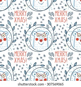 Christmas pattern with polar bears and wreaths.  Hand Drawn.