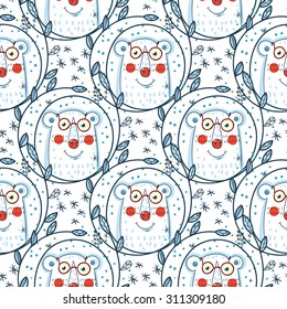 Christmas pattern with polar bears and wreaths.  Hand Drawn.