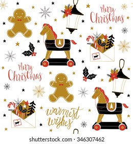 Christmas pattern with pony, gingerbread man, letter, snow and stars. Vector illustration. Template for Greeting Scrapbooking, Congratulations, Invitations.