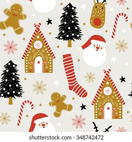 Christmas pattern with pony, gingerbread man, letter, snow and stars. Vector illustration. Template for Greeting Scrapbooking, Congratulations, Invitations.