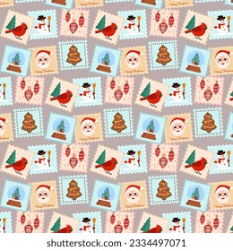 Patrón De Navidad Con Sellos Post. Ilustración De Vectores Coloridos En Estilo Plano Para Fondo