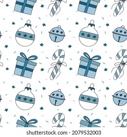 Weihnachtsmuster mit blauen Geschenken, Bälle, Bonbons und Glocken