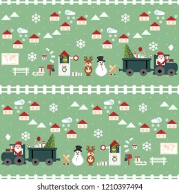 Christmas pattern of a presents delivering, green background