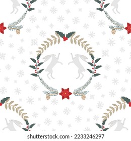 Christmas pattern with a rabbit, holly, spruce branches, poinsettia, snowflakes and berries. New Year pattern with the symbol of the year - a rabbit. Vector image in flat style.