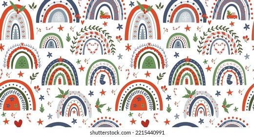 Christmas pattern with rainbows and cats. simple vector pattern for fabric, paper, textile. Red, green, blue color. Vector pattern on white background