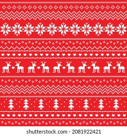 Christmas pattern, red background with deers, snowflakes, hearts and christmas trees