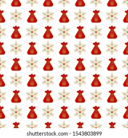 Christmas pattern, red bag with gifts and a golden snowflake. Xmas background Festive design for gift wrapping paper, greeting cards, covers.