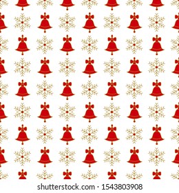 Christmas pattern, red bell and golden snowflake. Xmas background Festive design for gift wrapping paper, greeting cards, covers.