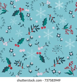 Christmas pattern with red berries, snowflakes and leaves on blue background. Vector illustration.