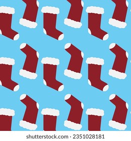 Christmas pattern with red boot on blue background