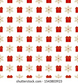 Christmas pattern, red box with presents and golden snowflake. Xmas background Festive design for gift wrapping paper, greeting cards, covers.