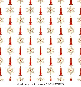 Christmas pattern, red candlestick with candles and golden snowflake. Xmas background. Festive design for gift wrapping paper, greeting cards, covers.