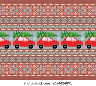 Patrón de Navidades, coche rojo y árbol en Formas geométricas, patrón Horizontal sin fisuras.