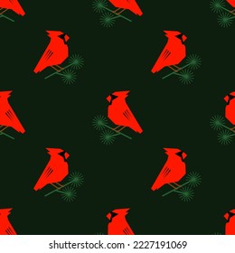 christmas pattern with red cardinals. seamless pattern with red birds on a dark green background. winter birds of america. vector ornament