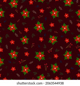 Christmas pattern with red flowers and berries on a burgundy background. Cozy winter flower arrangement.