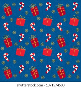 Patrón navideño de regalos rojos y caramelos de fondo azul