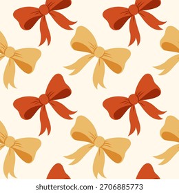 Christmas pattern with red and gold bows arranged in a seamless repeating layout on a light background, suitable for wrapping paper, festive textiles, gift packaging and seasonal decor.