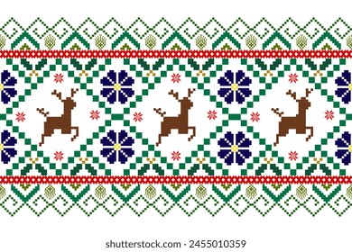 Christmas pattern in red and green with nordic pixel motif. Seamless fair isle border with snowflakes and Xmas trees for gift paper, ugly sweater, socks, mittens, hat, other winter fashion print.