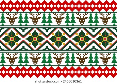 Christmas pattern in red and green with nordic pixel motif. Seamless fair isle border with snowflakes and Xmas trees for gift paper, ugly sweater, socks, mittens, hat, other winter fashion print.