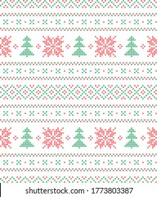 Christmas pattern in red, green, white. Cross stitch embroidery Scandinavian motif ornament with nordic snowflakes and Xmas trees. Classic decorative design for New Year fabrics.