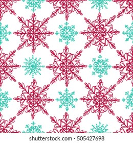 Christmas pattern with red and minty snowflakes on white background. Festive seamless background perfect for gift wrapping paper