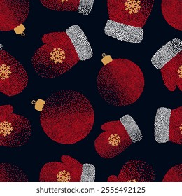 Christmas pattern with red mittens and christmas balls. Vector holiday seamless background