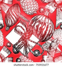 Christmas pattern. Red seamless holiday tile. Hand drawn endless New Year gift wrap background. Vector.