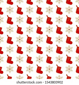 Christmas pattern, red sock for gifts and a golden snowflake. Xmas background Festive design for gift wrapping paper, greeting cards, covers.