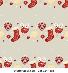 Christmas pattern with red socks, red and yellow balls, snowflakes on a beige background. Seamless background perfect for use in textiles, wallpapers, and festive decorations.