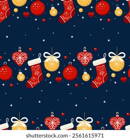 Christmas pattern with red socks, yellow balls, snowflakes on a blue background. Seamless background perfect for use in textiles, wallpapers, and festive decorations.
