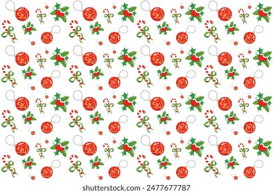 Patrón de Navidades con bola de juguete roja en el árbol de Navidad, bayas rojas y caña de caramelo