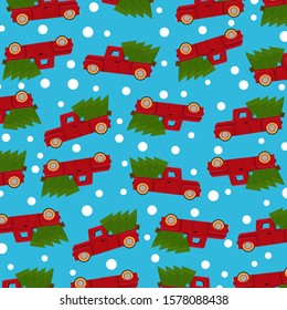 Christmas pattern with red truck and christmas tree. Winter pattern design with red truck and christmas tree