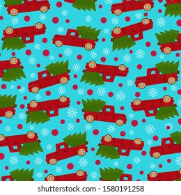 Christmas pattern with red truck and christmas tree. Winter pattern design.