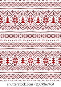 Christmas pattern in red and white for gift paper with nordic snowflakes and Xmas trees. Seamless pixel fair isle border illustration for jumper, socks, mittens, other winter holiday fashion design.