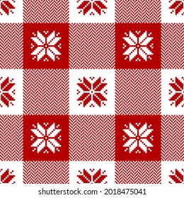 Christmas pattern in red and white with herringbone check plaid and nordic pixel snowflakes. Seamless bright buffalo check vichy tartan vector for New Year holiday flannel shirt, scarf, tablecloth.