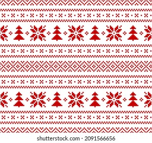 Christmas pattern in red and white with nordic pixel motif. Seamless fair isle border with snowflakes and Xmas trees for gift paper, ugly sweater, socks, mittens, hat, other winter fashion print.