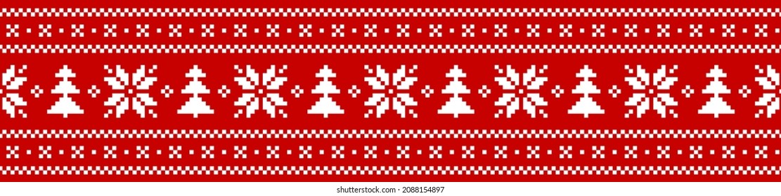 Christmas pattern in red and white for washi tape with nordic fair isle design. Horizontally seamless pixel ribbon border for New Year mug, socks, other modern winter textile or gift paper print.