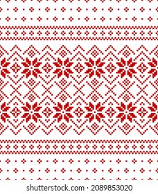 Patrón de Navidad en rojo y blanco para el diseño de vacaciones de invierno. Impresionante borde de la isla de píxel sin foco con copos de nieve nórdicos para papel de regalo de Año Nuevo, saltador, medias, mitones, sombrero, otras impresiones textiles de moda.