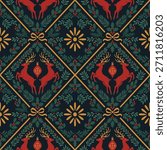 Christmas pattern with reindeer, botanical elements, mistletoe, holly and ornaments - elegant seamless texture in folk style