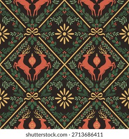 Padrão de Natal com rena, elementos botânicos, visco, azevinho e ornamentos - textura sem emenda elegante em estilo folk
