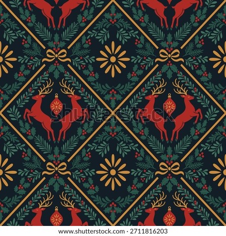 Christmas pattern with reindeer, botanical elements, mistletoe, holly and ornaments - elegant seamless texture in folk style