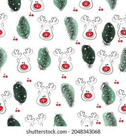 christmas pattern with reindeer and fir twigs 