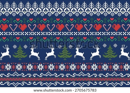 Christmas Pattern with Reindeer and Hearts Blue Nordic 