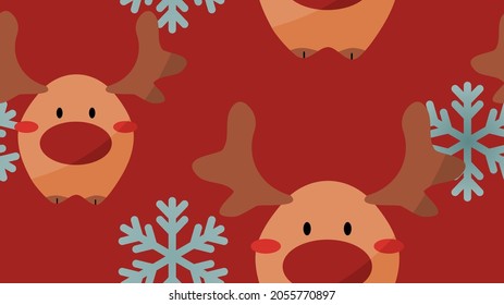 Patrón de Navidad. Patrón de renos de Navidad sin fisuras. Copos de nieve y renos sin foco. Fondo de Nochebuena. Nevada de renos sobre fondo rojo