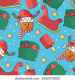 Christmas pattern with reindeer, sleigh, and festive decorations, Vector