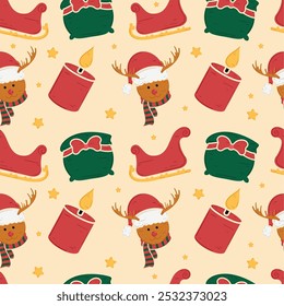 Christmas pattern with reindeer, sleigh, and holiday candles, Vector