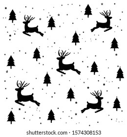 Christmas pattern reindeer and snowflakes and Christmas tree winter holiday wallpaper for design black and white illustration
