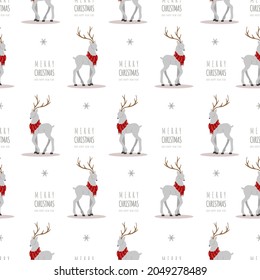 Christmas pattern with reindeers. Cute deers with antlers and scarves. Winter print. New Year seamless background. Vector illustration in flat cartoon style.